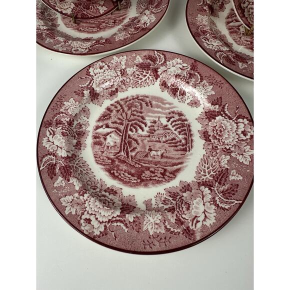 Wood & Sons English Scenery Pink Platter Sugar Bowl Tea Cups Lot Of 13 - Picture 2 of 12